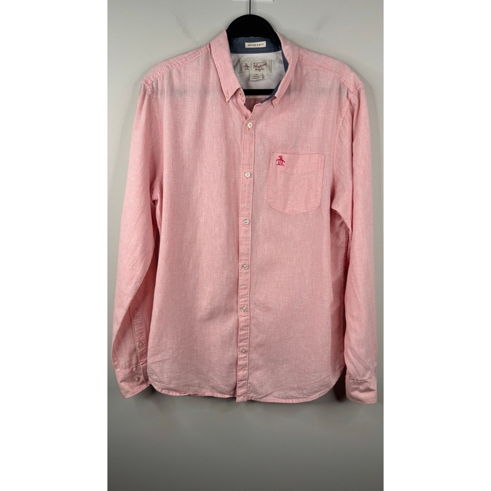 Original Penguin Mens L Heritage Slim Fit Linen Blend Button Down Shirt Pink